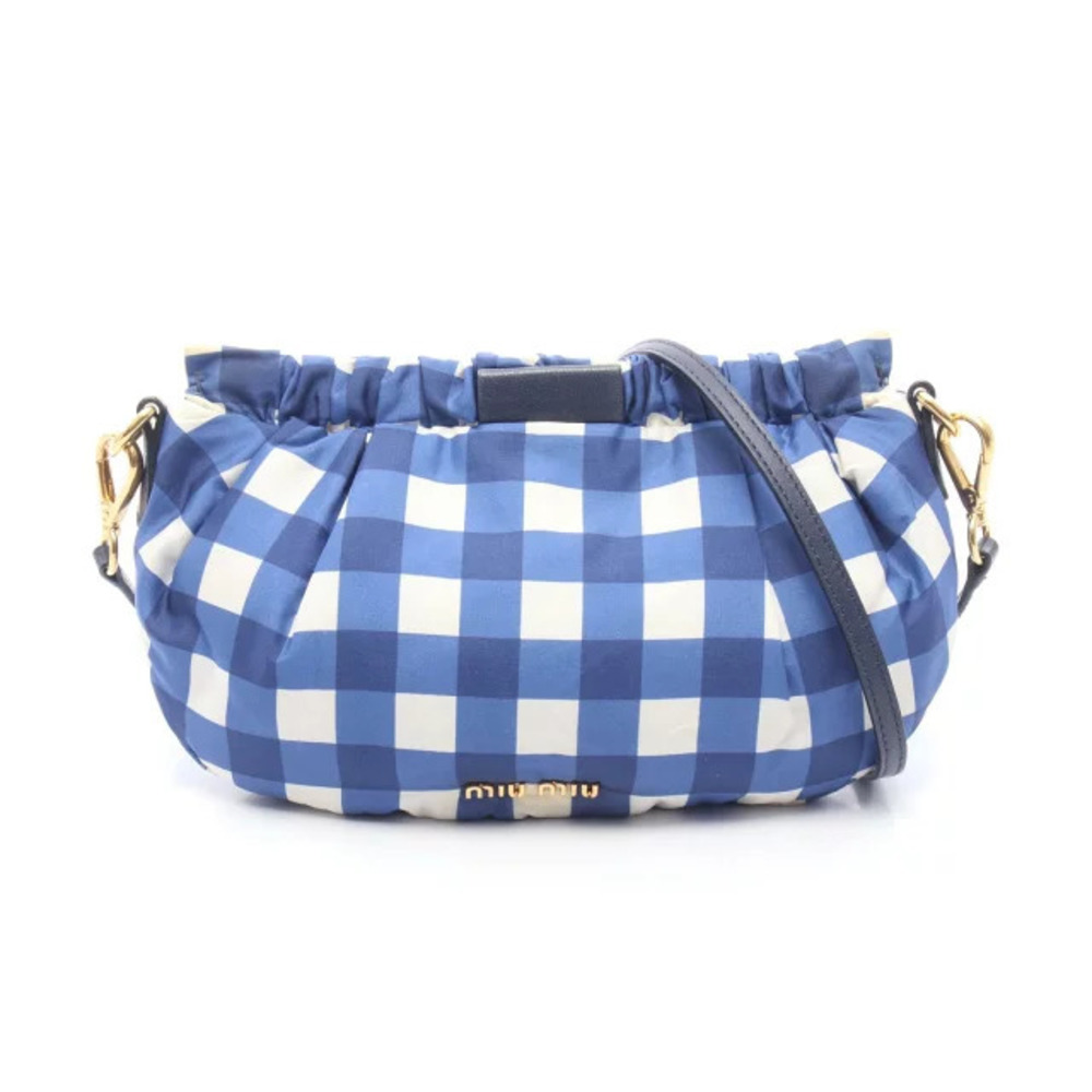 Miu MIu Gingham Check Shoulder Bag Silk Leather Blue White